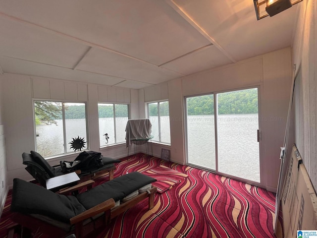 sunroom / solarium featuring a water view and plenty of natural light