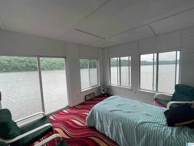 bedroom with carpet flooring and a water view