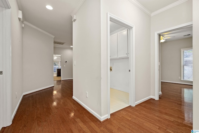 hall with crown molding and dark hardwood / wood-style floors