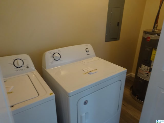 1317 SW 16th St SW, Birmingham, AL 35211 - clothes washing area featuring washing machine and dryer, electric panel, water heater, and dark wood finished floors