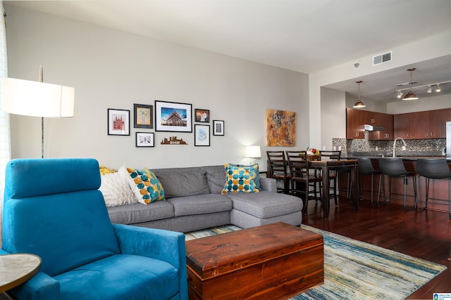 living room featuring dark hardwood / wood-style floors and sink