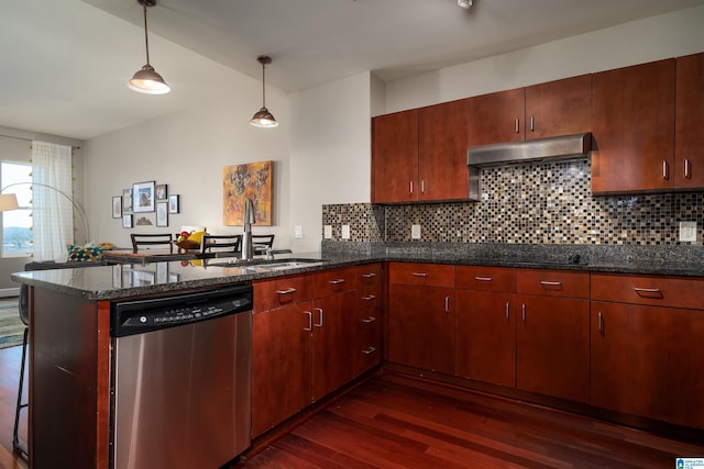 kitchen with sink, kitchen peninsula, stainless steel dishwasher, pendant lighting, and dark hardwood / wood-style flooring