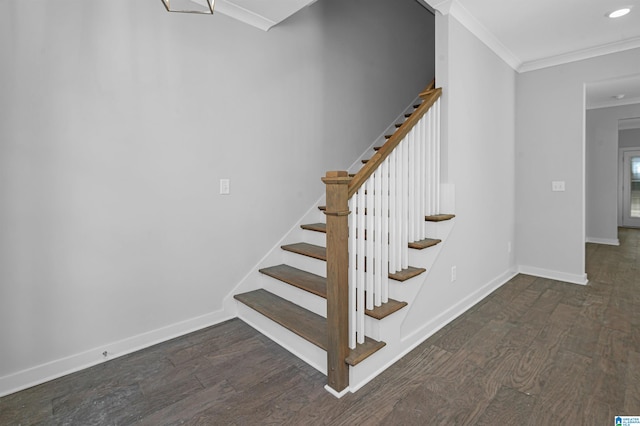 stairs with hardwood / wood-style flooring and ornamental molding