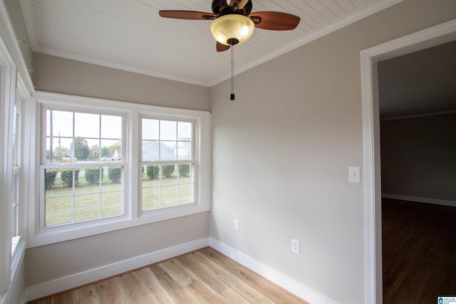 unfurnished room featuring light wood-type flooring, wood ceiling, ceiling fan, and crown molding