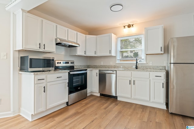 kitchen featuring white cabinetry, light wood-type flooring, appliances with stainless steel finishes, and sink