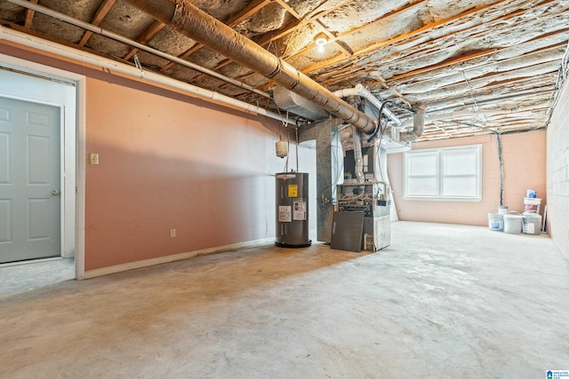 basement featuring water heater and heating unit