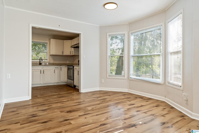 interior space featuring a textured ceiling, light hardwood / wood-style flooring, stainless steel range oven, and crown molding