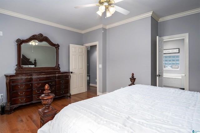 bedroom with ornamental molding, hardwood / wood-style flooring, and ceiling fan