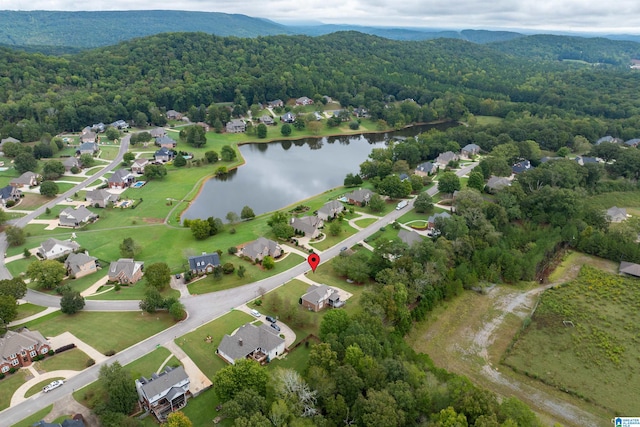 drone / aerial view with a water and mountain view