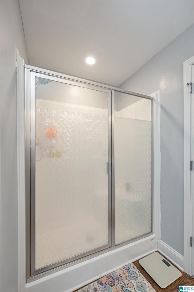 bathroom with hardwood / wood-style flooring