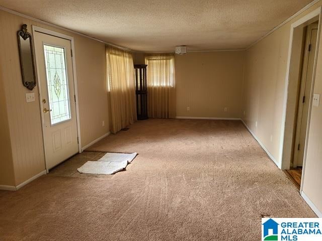 carpeted entryway with a textured ceiling