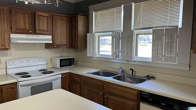 1009 1st St NW, Cullman, AL 35055 - kitchen with electric range, under cabinet range hood, dishwashing machine, a sink, and light countertops