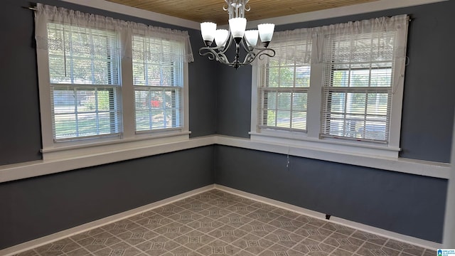 unfurnished dining area featuring a wealth of natural light, a chandelier, and wooden ceiling