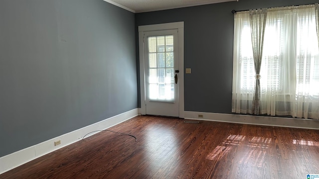 interior space with dark hardwood / wood-style floors and crown molding