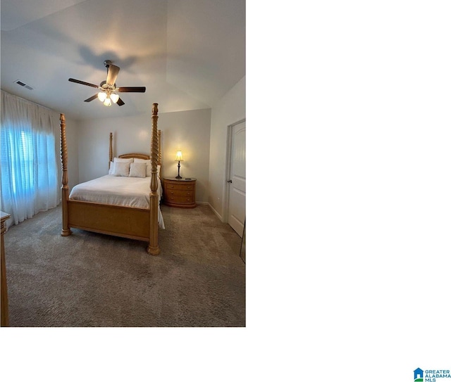 carpeted bedroom featuring ceiling fan and vaulted ceiling