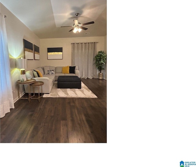 living room with ceiling fan and dark hardwood / wood-style flooring