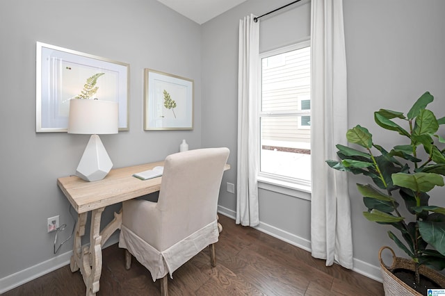 home office featuring a wealth of natural light and dark hardwood / wood-style floors