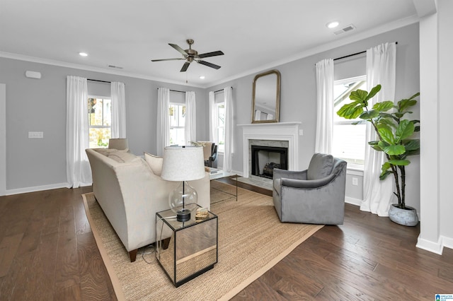 living room featuring a fireplace, ornamental molding, and dark wood-type flooring