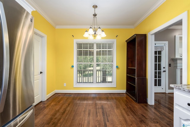 unfurnished dining area featuring ornamental molding, a notable chandelier, and dark hardwood / wood-style floors