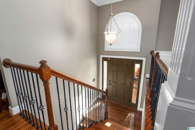 entrance foyer with dark hardwood / wood-style floors and crown molding