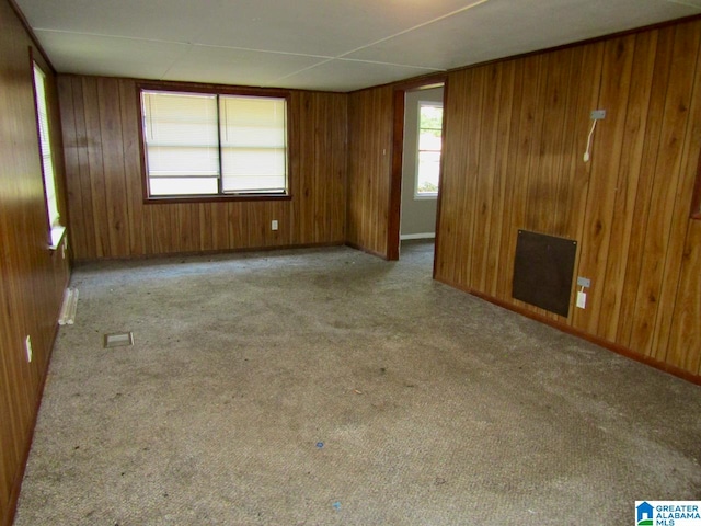 empty room featuring light carpet and wooden walls