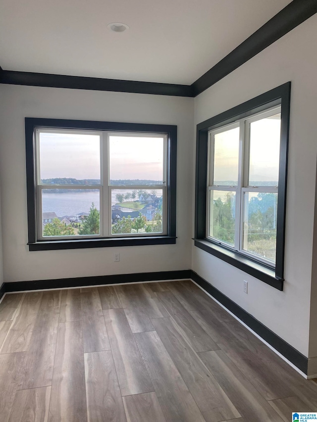 spare room with ornamental molding, plenty of natural light, a water view, and hardwood / wood-style flooring