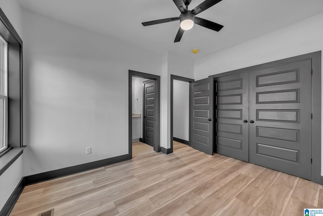 1174 Ranch Marina Rd, Pell City, AL 35128 - unfurnished bedroom featuring light wood-style flooring, baseboards, a closet, ensuite bathroom, and a ceiling fan