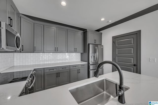 1174 Ranch Marina Rd, Pell City, AL 35128 - kitchen with appliances with stainless steel finishes, a sink, tasteful backsplash, recessed lighting, and gray cabinets