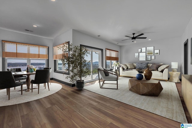 1174 Ranch Marina Rd, Pell City, AL 35128 - living area featuring ceiling fan, dark wood finished floors, recessed lighting, and baseboards