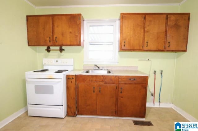 kitchen with white range with electric stovetop, sink, and crown molding