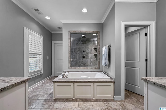 bathroom with independent shower and bath, vanity, and crown molding