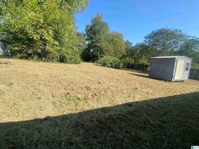 view of yard featuring a storage shed