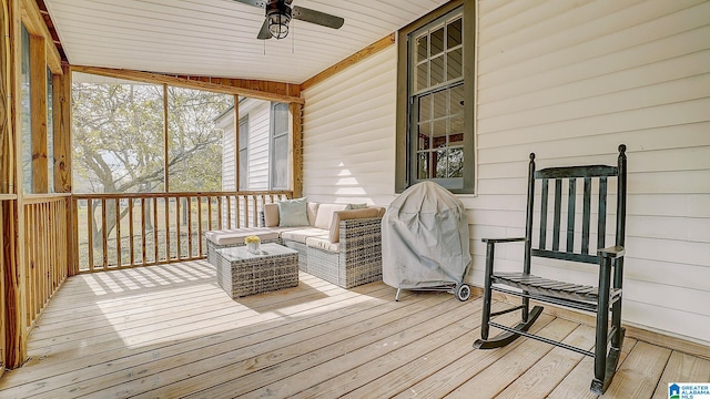 sunroom / solarium featuring ceiling fan and wood ceiling