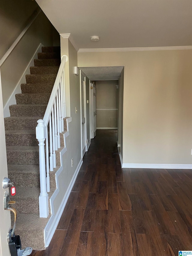 hall featuring ornamental molding and dark hardwood / wood-style floors