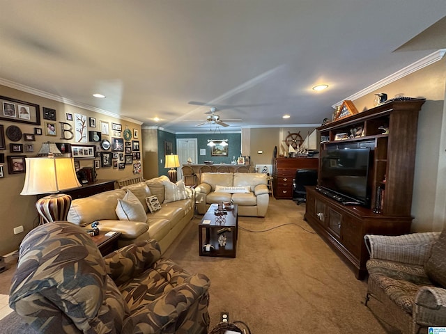 carpeted living room with ceiling fan and crown molding