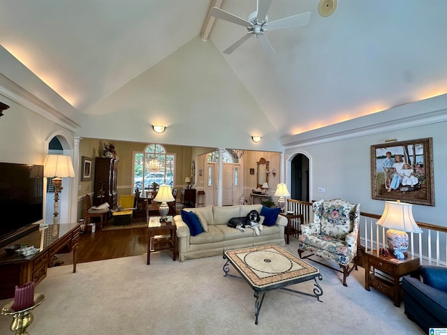 living room with ceiling fan, beamed ceiling, high vaulted ceiling, and wood-type flooring