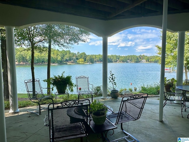 view of patio / terrace featuring a water view