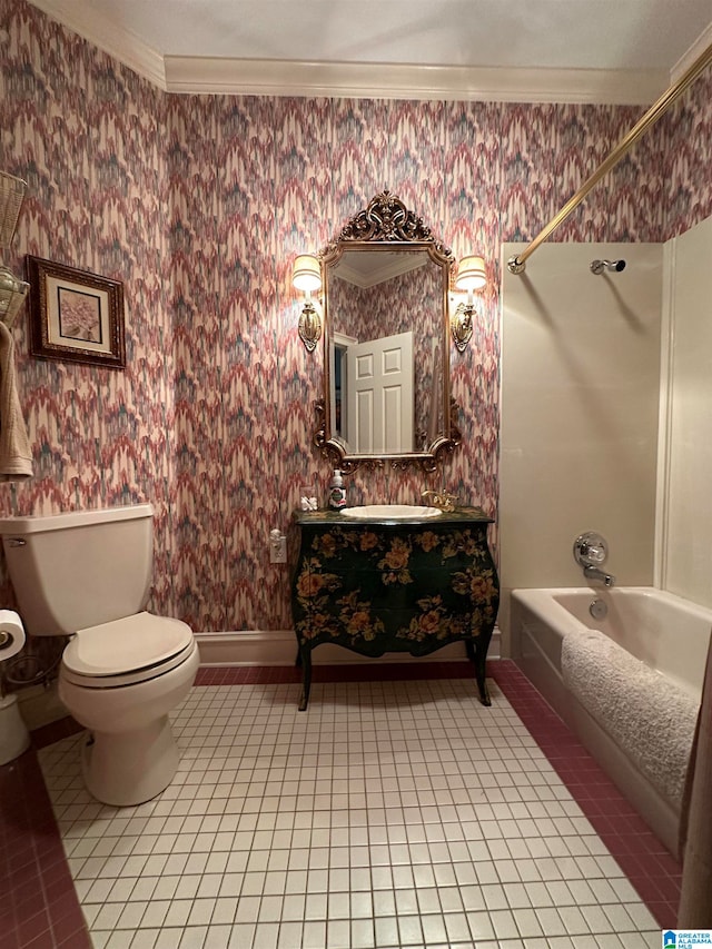 full bathroom with toilet, shower / bathtub combination, tile patterned floors, and ornamental molding