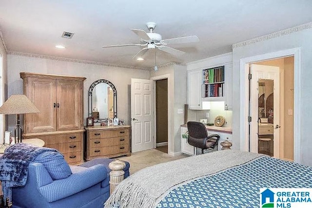 bedroom with ensuite bathroom and ceiling fan