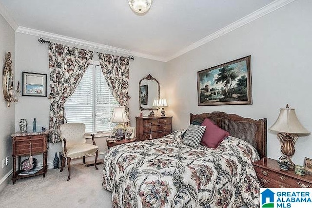 carpeted bedroom with crown molding