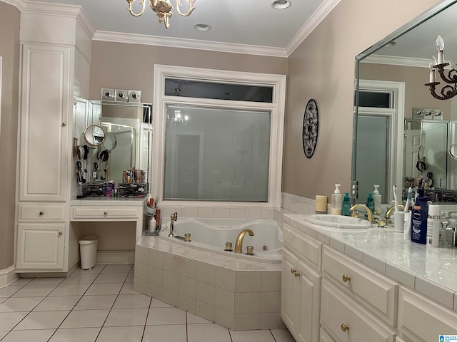 bathroom featuring shower with separate bathtub, tile patterned floors, an inviting chandelier, ornamental molding, and vanity