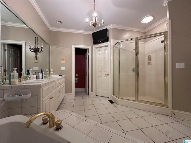 bathroom with tile patterned flooring, a notable chandelier, ornamental molding, an enclosed shower, and vanity