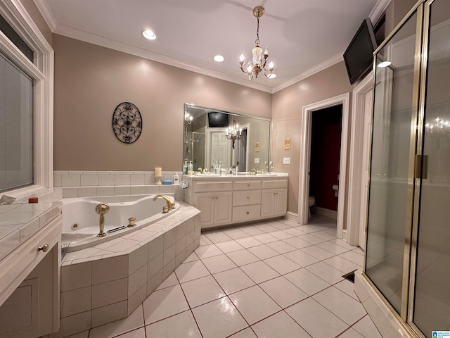 full bathroom featuring toilet, tile patterned flooring, plus walk in shower, ornamental molding, and vanity