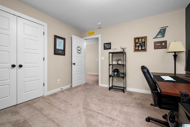 home office featuring light carpet