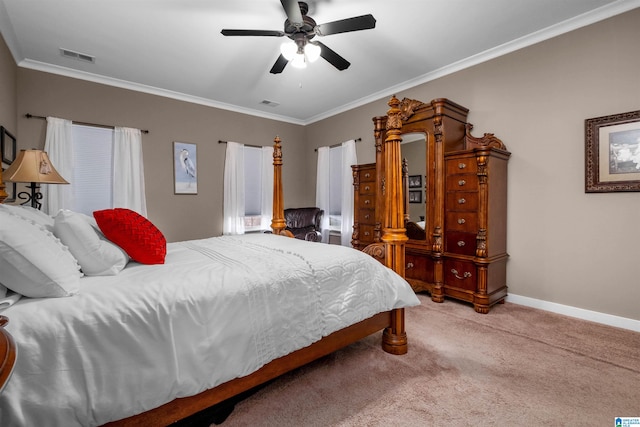 bedroom with light colored carpet, ceiling fan, and crown molding