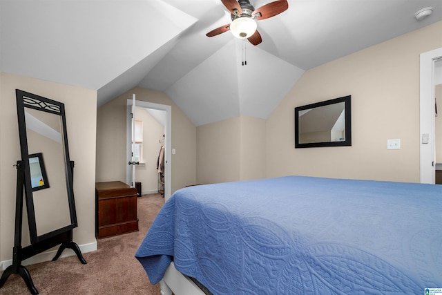 carpeted bedroom featuring ceiling fan and lofted ceiling