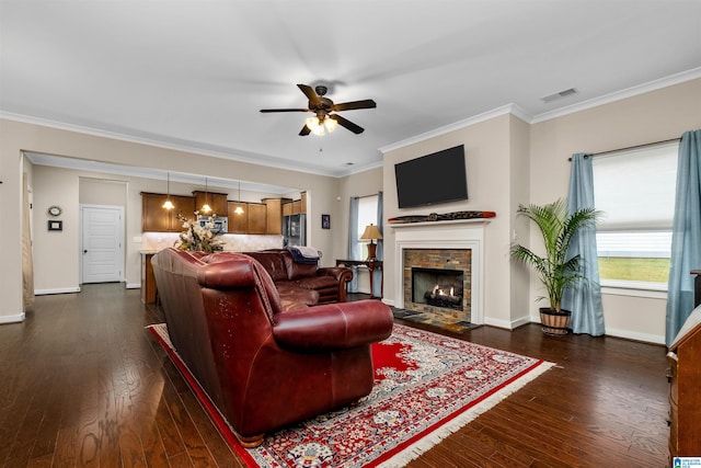 living room featuring a fireplace, ceiling fan, crown molding, and dark wood-type flooring