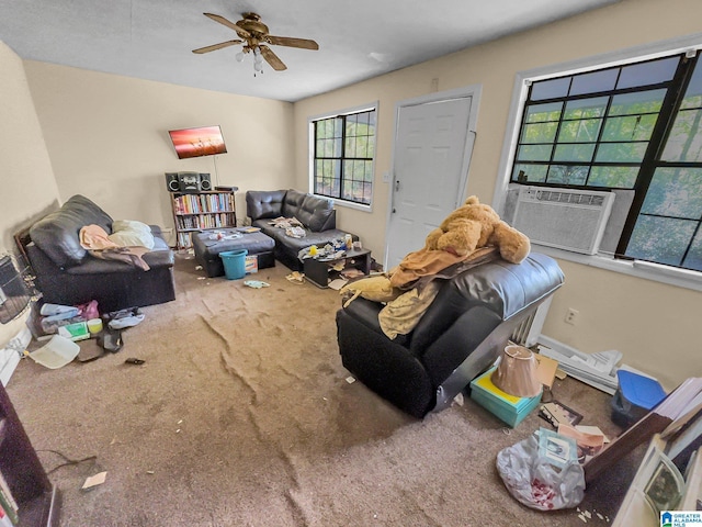 living room featuring cooling unit, ceiling fan, and carpet floors