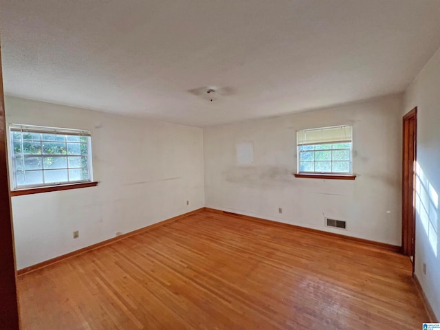 empty room with a wealth of natural light and light hardwood / wood-style flooring