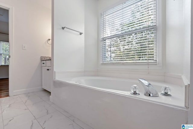 bathroom with vanity and a washtub